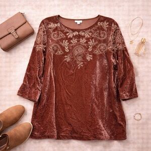 J. Jill Velvet Embroidered Tunic Top Rust Brown Large
